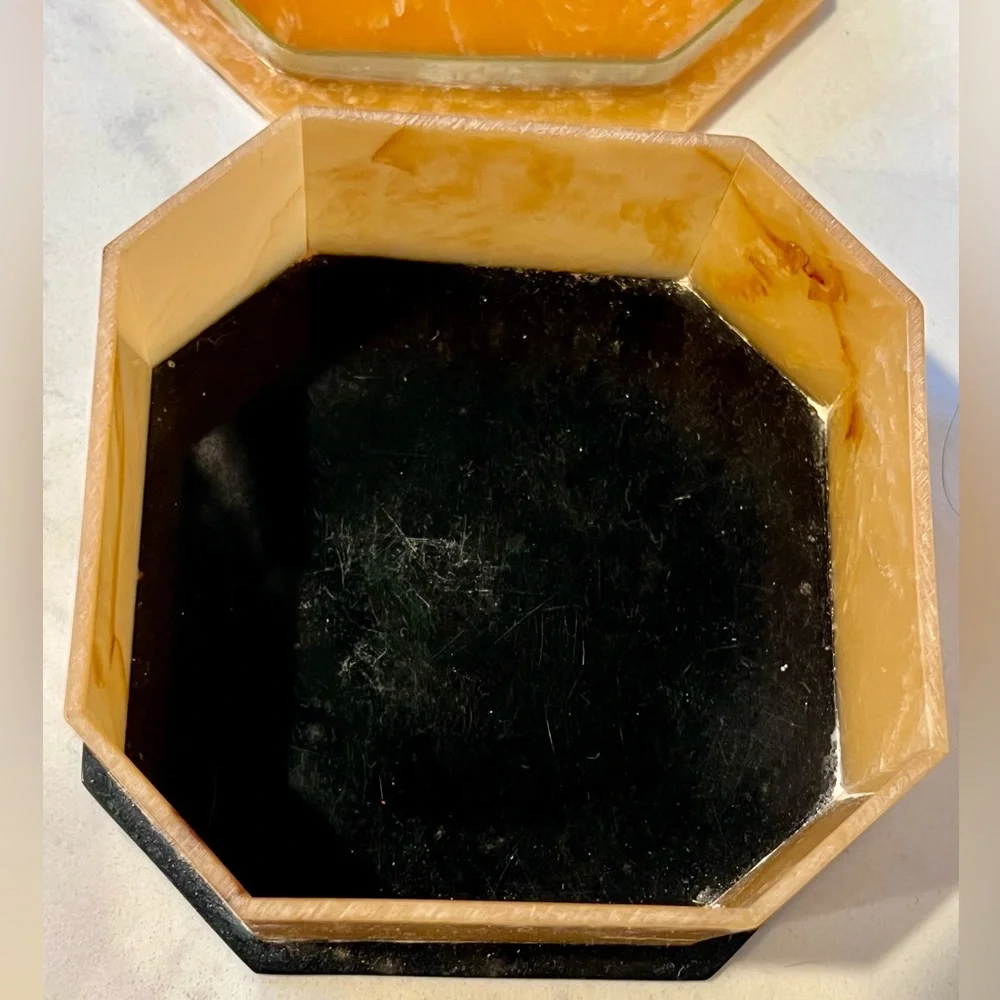 Vintage Gold / Brown Celluloid Vanity/Dresser Set 8 Pieces, powder box, scissors